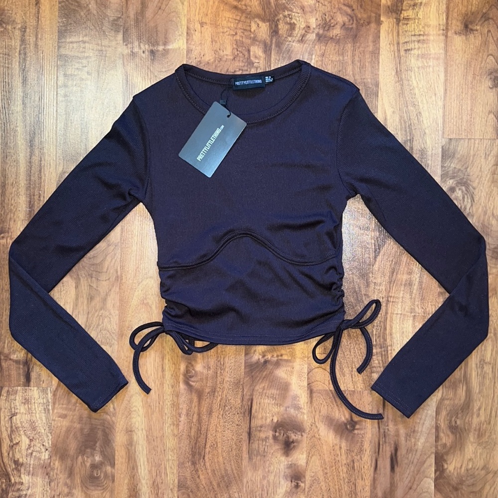 Prettylittlething Chocolate Rib Underbust Drawstring Long Sleeve Crop Top